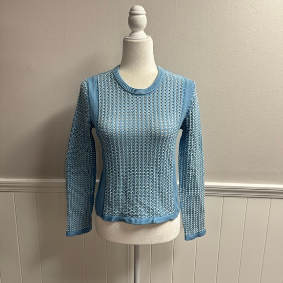 Tory Burch Honeycomb Open Knit Long Sleeve Pullover Sweater Light Blue Medium M - Picture 15 of 16
